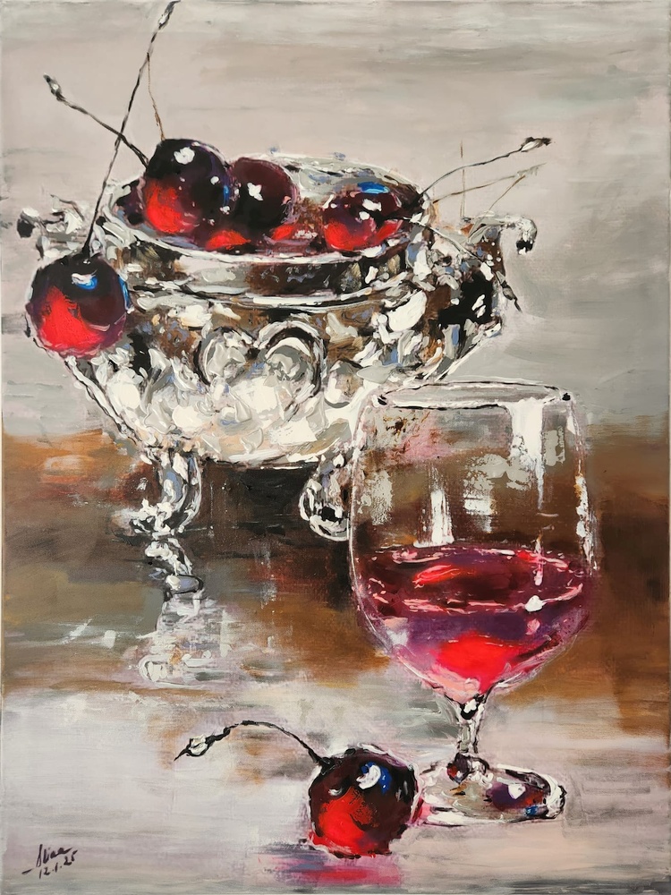 ArteDiAlina.com painting: cherries for me, wine for you